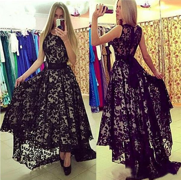 

setwell full lace high low prom dress jewel a-line evening dress custom made simple evening gowns, Black