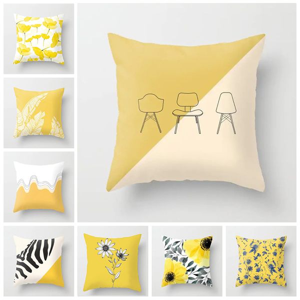 

abstract design printed cushion covers 45x45cm yellow flowers pillow covers geometric polyester home decoration pillowcase