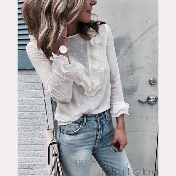 

women's summer long sleeve blouse shirt ladies office chiffon, White