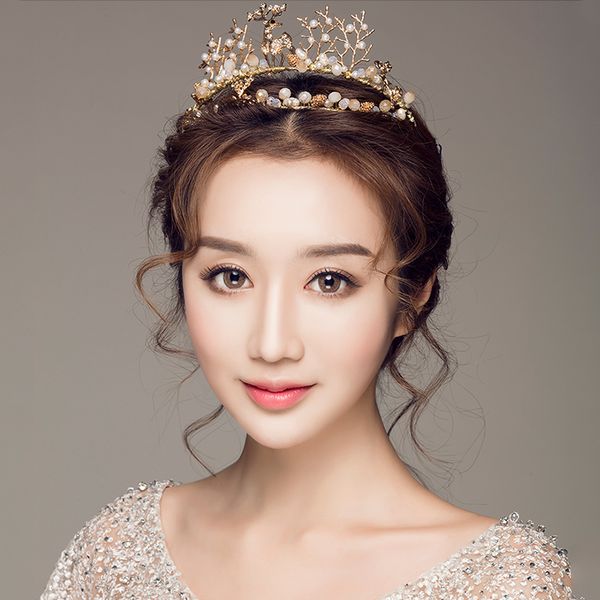 

fashion gold lovely deer tree bride tiaras crown colored pearl handmade wedding headdress crystal hair accessories women jewelry, Golden;white