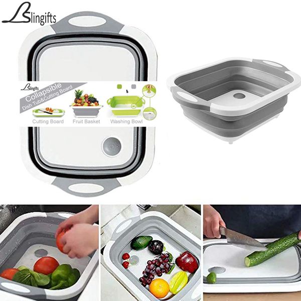 

collapsible dish tub cutting board chopping slicing washing bowl with own plug for drainage kitchen gadget