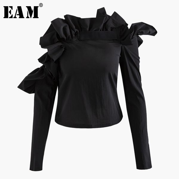 

eam] women ruffles off shoulder temperament t-shirt new slash neck long sleeve fashion tide spring summer 2020 wl98401, White