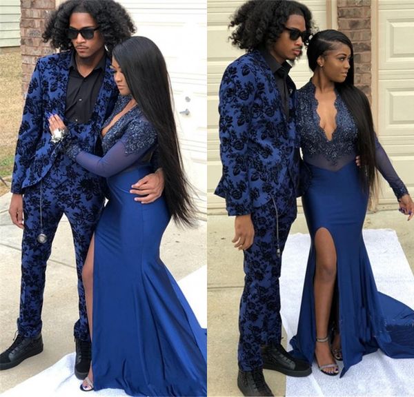 

Glamorous Mermaid Long Split Prom Dresses V-Neck Appliques Long Sleeves Black Girl Party Gowns Custom Made Formal Evening Gowns