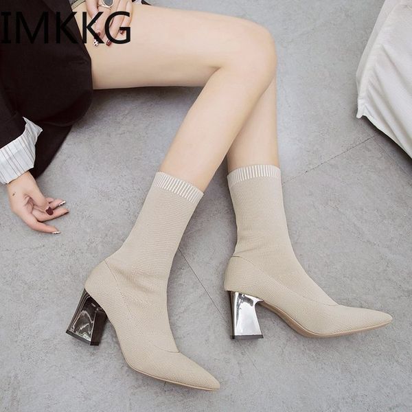 

women black ankle sock boots 2019 fashion spring autumn stretch boots chunky high heels pointed toe women shoes f90343