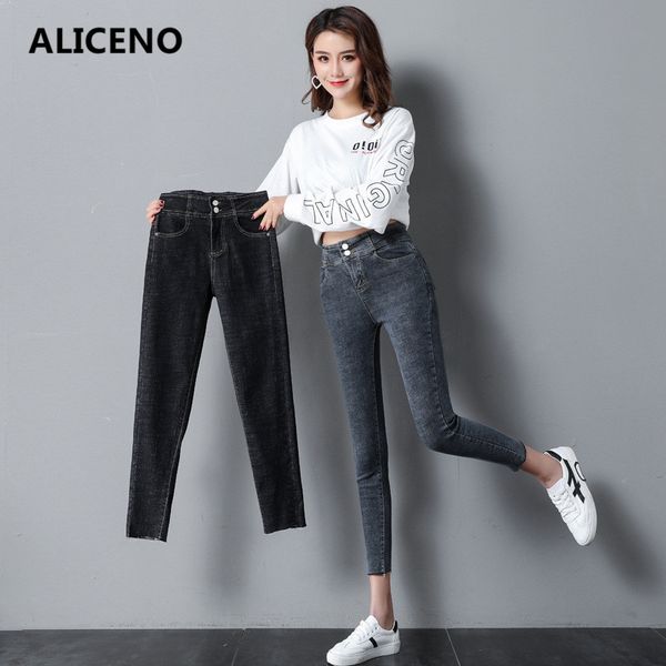 

aliceno new 2019 spring summer ankle length gray women high waist jeans skinny pencil pants jeans plus size casual, Blue