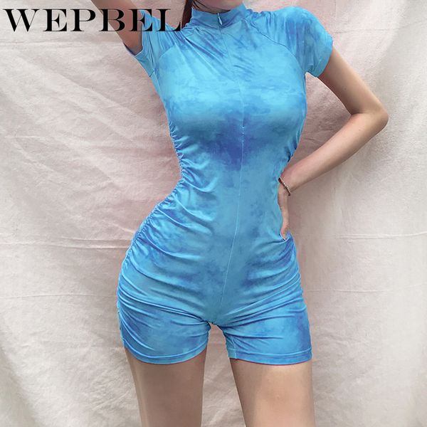 

wepbel women playsuits women's new tie-dye slim zipper sports female high waist short sleeve summer fashion casual playsuits, Black;white