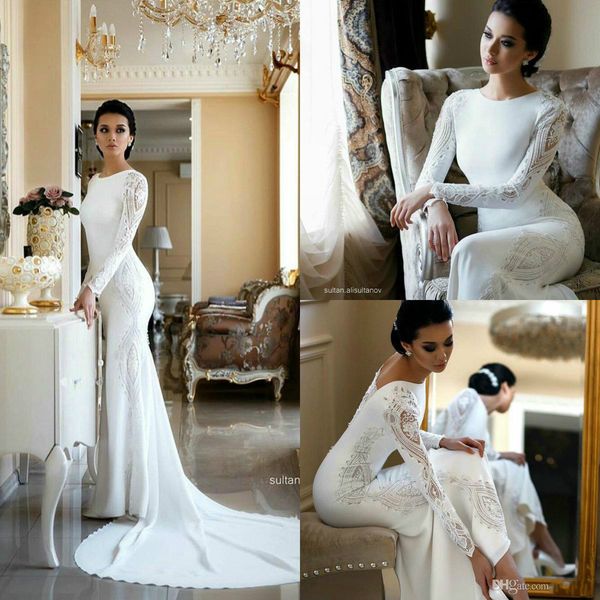 

2020 new elegant mermaid jewel wedding dresses long sleeves appliques lace sweep train bridal gowns plus size, White