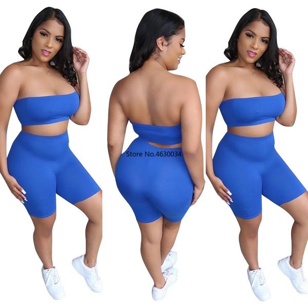 

strapless shorts 2 piece set solid color crop and shorts set for women 2020 lounge wear women outfits 14, White