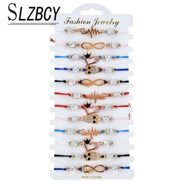 

12 pcs/lot infinity love heartbeart owl charm bracelets set for women child adjustable rope disco ball wristband pulsera jewelry, Golden;silver