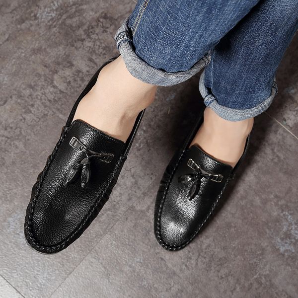

leather casual loafers soft tassel party comfortable breathable flats shoes slip on men's lightweigh moccasins driving shoes men, Black