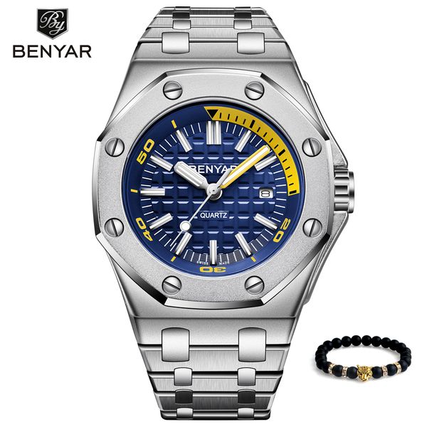 

relojes 2019 benyar watch men sport quartz mens watches steel watch for men waterproof relogio masculino, Slivery;brown