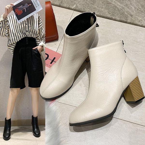 

hipping2019 autumn and winter mid-heel thick heel beige beige square head was thin short boots women boots, Black