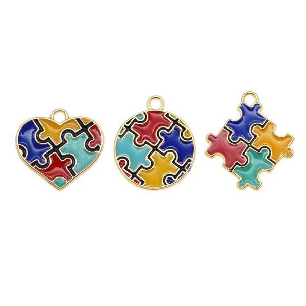 

alloy enamel puzzle piece jigsaw pendant colorful round heart shape friends gift autism awareness necklace diy charms, Bronze;silver
