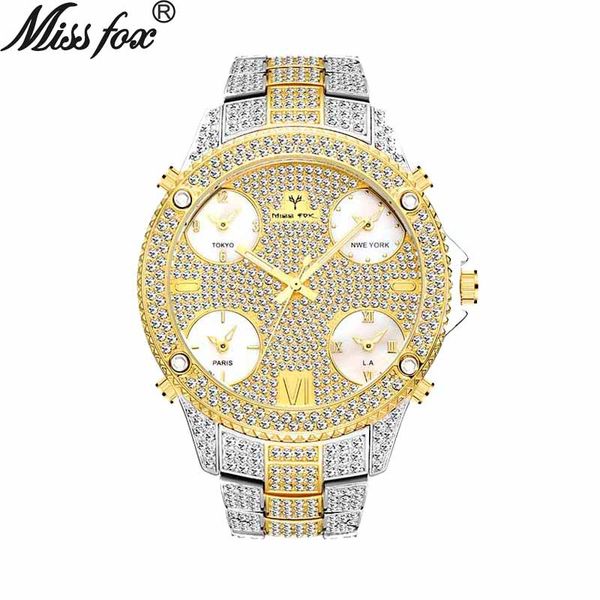 

foreign trade diamond set fashion luminous multi-time large dial waterproof mens watch factory customization, Slivery;brown