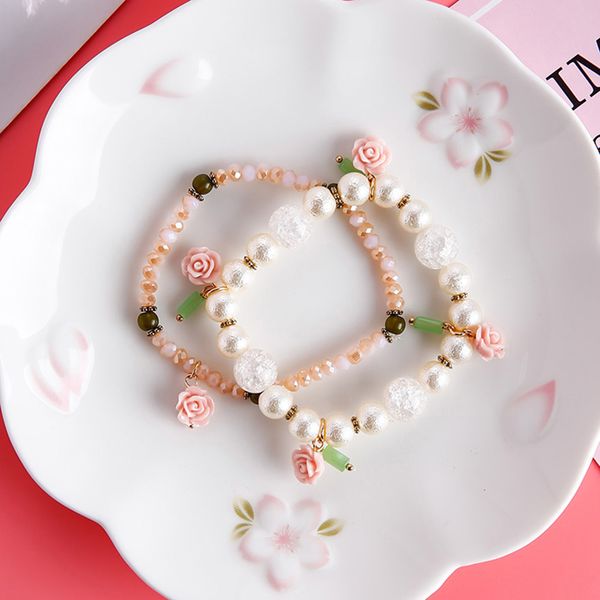 

роза цветок двойной слой бусины браслет ручной работы натуральный сладкий кристалл бусины довольно браслеты ювелирные изделия для женщин дев, Golden;silver