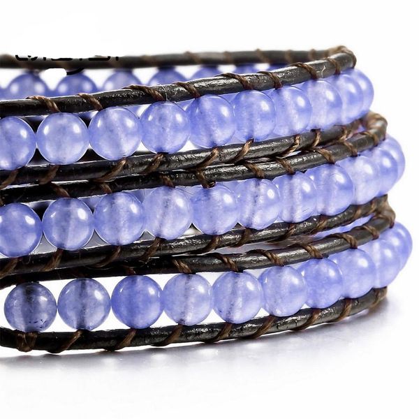 

natural purple crystal jewelry new semi-precious stone beaded 3x leather wrap bracelet fashion boho bracelet, Black