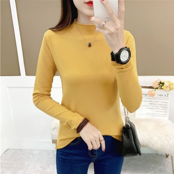 

women autumn personalized curling sweater solid color slim long-sleeved half high collar slim bottom knit pullover sweater, White;black