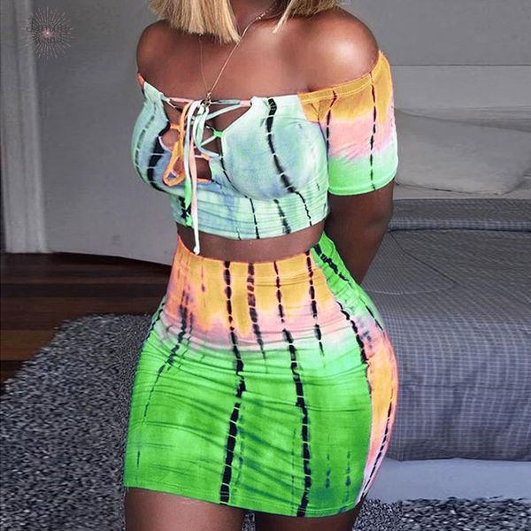 

casual women mini 2pcs set women print short sleeve slash neck skirt lace up crop mini women\s sets, Gray