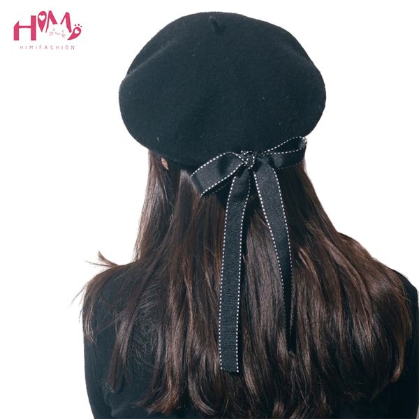 

winter women beret hat fashion solid korean style sweet bow ribbon bandage hats casual novelty harajuku wool cotton blend caps, Blue;gray