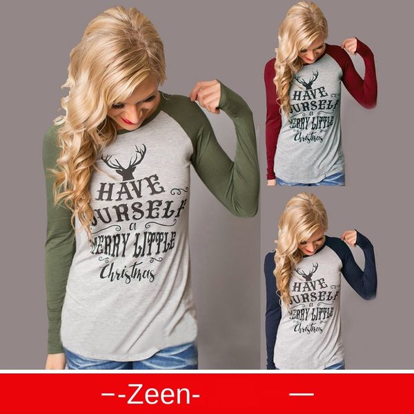 

женская дизайнерская футболка с длинным рукавом печатная рождественская футболка топ, White