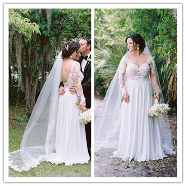 

long sleeves a line beach bridal gowns chiffon side split wedding party dresses modest plus size bohemian wedding gown, White