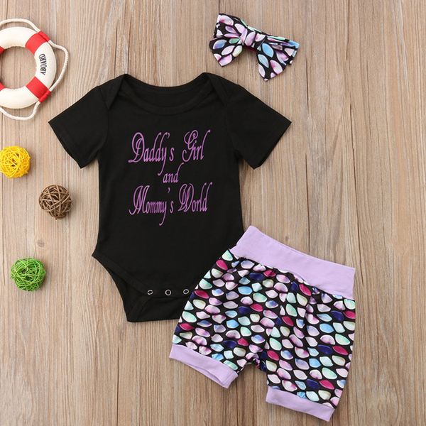 

summer toddler clothes baby girls short sleeves t-shirt coveralls fish scale shorts pant hair band infant three piece set harem suit e21904, White