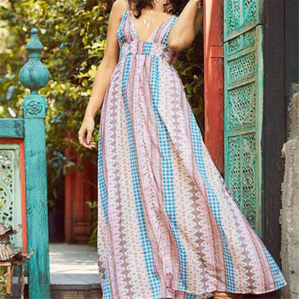 

summer boho style women floral print sleeveless long dress backless adjusted spaghetti strap deep v neck maxi beach sundress xl, Black;gray