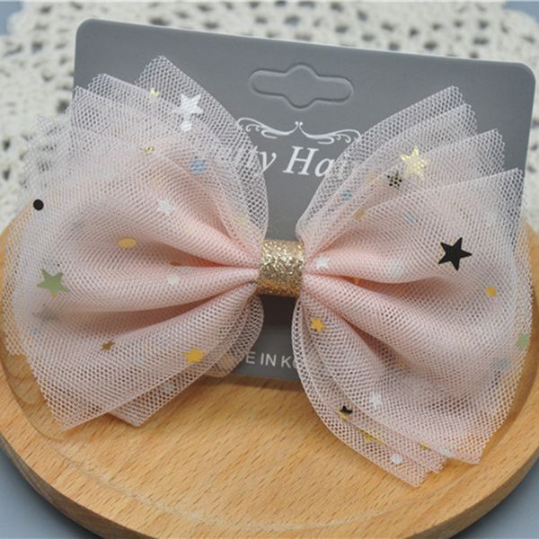 

12pcs korean children's hair accessories baby hairpins big mesh star bow kids girls tulle bow hair clip, Slivery;white