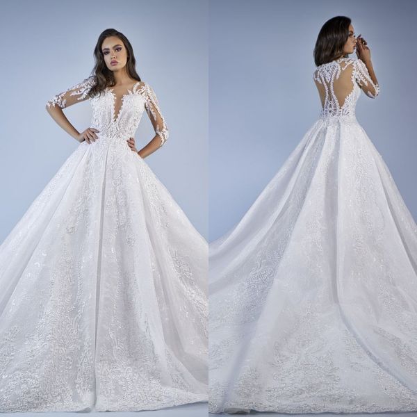 Tony Chaaya Abiti da sposa modesti Abiti da sposa 3/4 manica lunga in pizzo con applicazioni di perline Abito da sposa country Corte dei treni Robe De Mariee