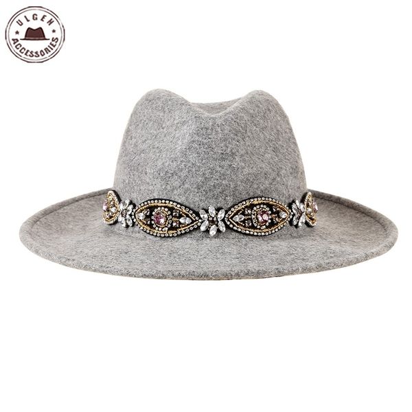 

1980s fashion vintage hat with jewelry beige wool fedora hat bohemia women wide brim felt, Blue;gray