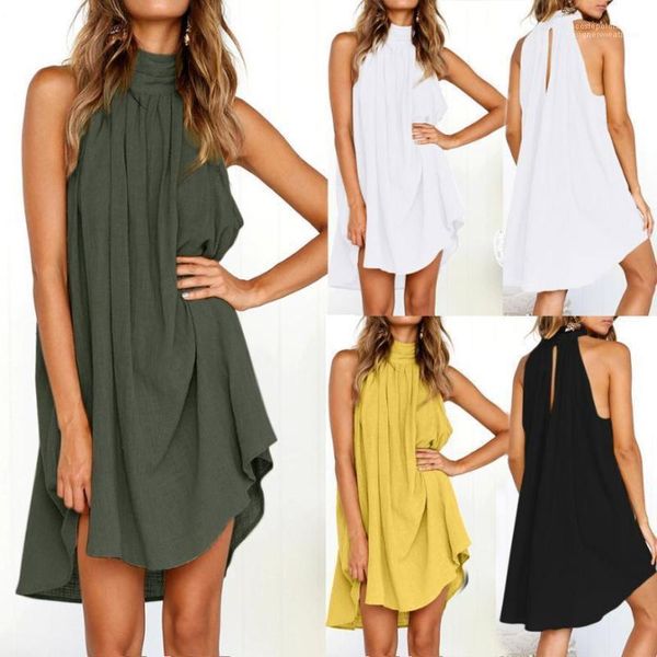 

linen tank dress sleeveless turtleneck casual loose a-line dresses beach summer clothing women, Black;gray