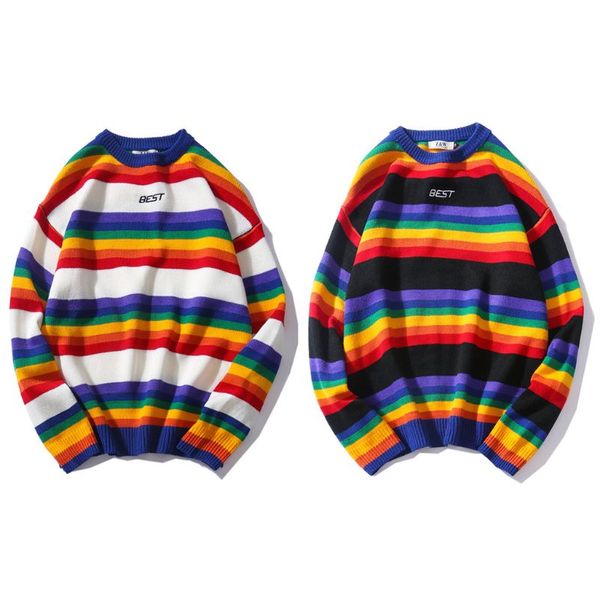 

women's sweaters men women oversized sweater rainbow striped round neck stitching color casual style long sleeve pullover, White;black