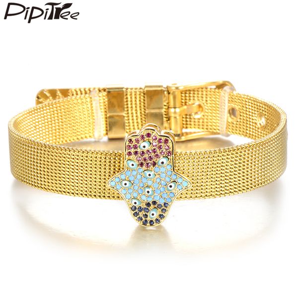 

pipitree zircons jewelry multi cz hamsa hand bracelet mini evil eyes stainless steel bracelets charm mesh bangle for women men, Golden;silver