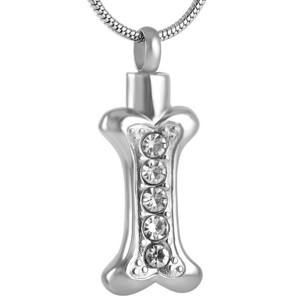 

ijd8044 wholesale stainless steel crystal dog bone cremation urn pendant hold pet ashes keepsake jewelry necklace women, Silver
