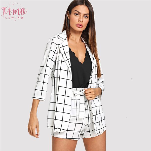 

black and white plaid notched blazers with self tie waist womens two piece sets 2019 elegant 2 piece women set