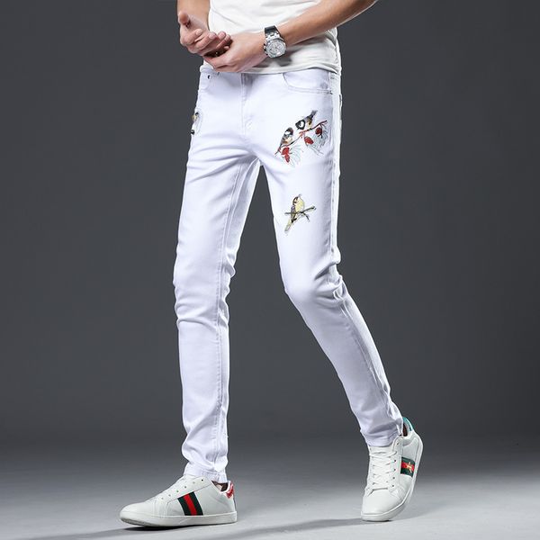 

43 men's summer fashion stretch jeans men's white feet embroidered jeans, Blue