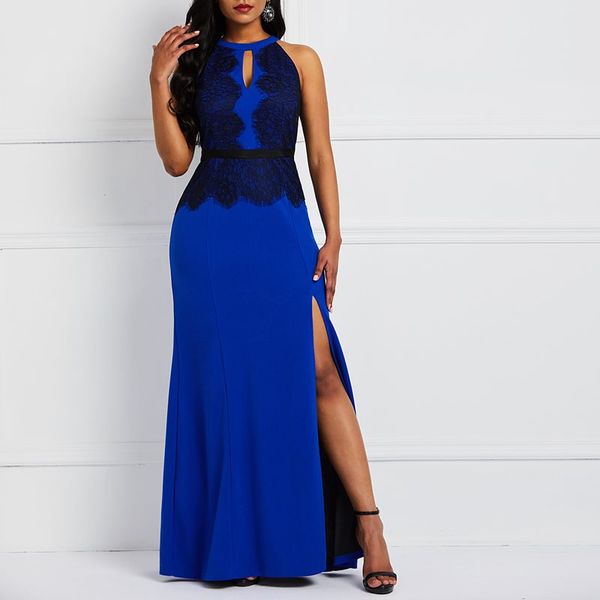 

summer halter lace party long dress elegant evening women blue african robe vintage luxury split ladies a line maxi dresses, Black;gray