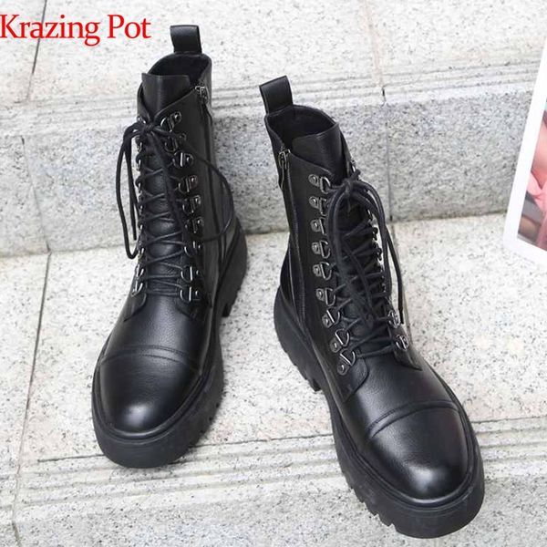 

krazing pot chic design fashion genuine leather vintage boots round toe med heels cross-tied rivets young lady ankle boots l41, Black