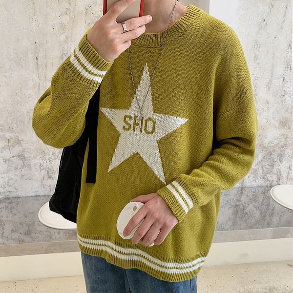 

19 autumn new korean version of the college wind casual personality loose five-pointed star print round neck pullover sweater, White;black