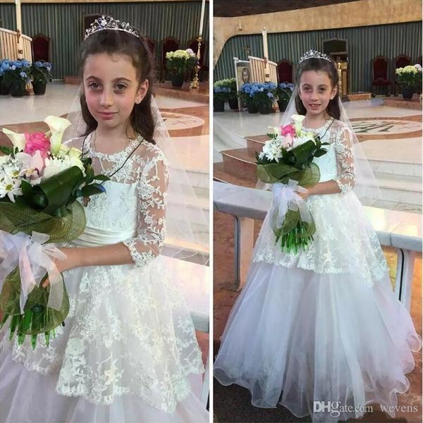 

потрясающие белые а-силуэта до щиколотки платья для девочек-цветочниц с шеей с рукавами 3/4 и кружевной юбкой первое причастие платья, White;blue
