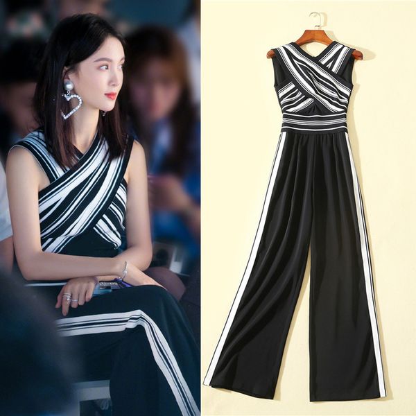 

2019 новый летний европейский стиль одежды без рукавов мода пэчворк вязаный комбинезон женщины высокая талия мода полосатый комбинезон, Black;white