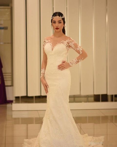 

2019 New Mermaid Wedding Dresses Illusion Long Sleeves Bridal Gown Covered Buttons Vestido de Noiva Sweep Train Elegant Bridal Dresses