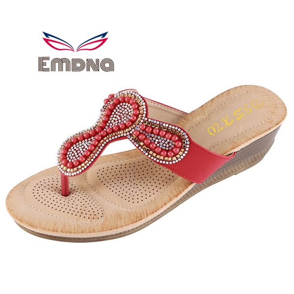

women shoes summer bohemia beach sandals wedge platform slippers pearl accessories flip flops for women platform slippers, Black