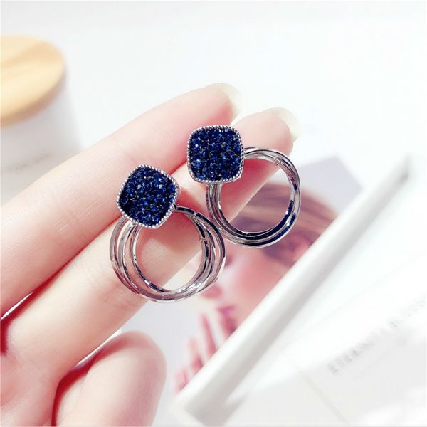 

new fashion zinc alloy classic round women dangle earrings korean deep blue crystal circle jewelry for female, Silver