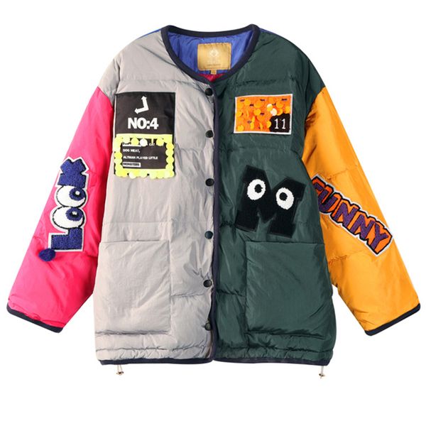 

2019 winter women down jacket cartoon letter embroidery sequins parkas women thick warm outerwear plus size preppy style coat, Black