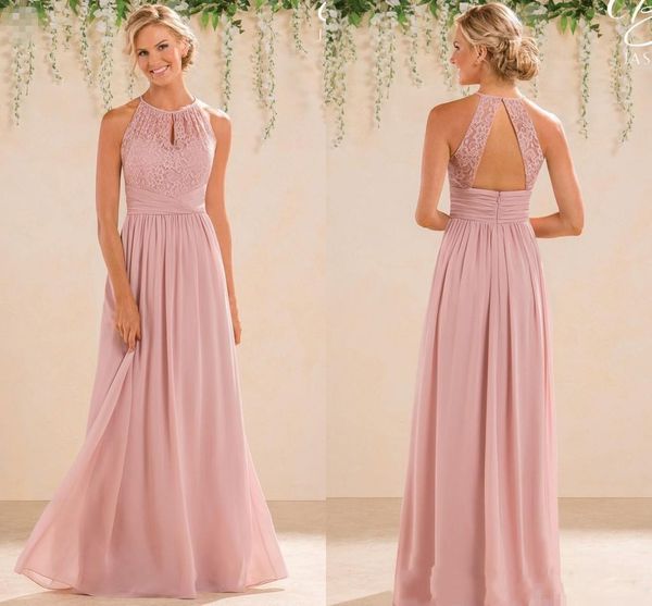 

blush a line lace chiffon bridesmaid dresses a line high neck backless long summer beach garden wedding guest dress evening party gowns, White;pink