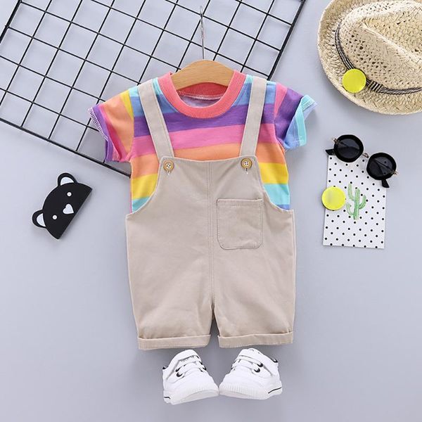 

summer cute toddler kids baby girls rainbow stripe +solid suspenders shorts outfits set girls clothes kids clothes w10, White