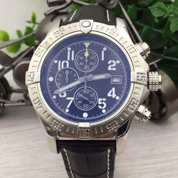 

2020 black dial chronomat mens watch outdoor quartz chronograph 48mm men watches with black leather band and arabic numerals hour markers, Slivery;brown