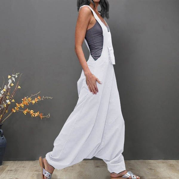 

women jumpsuits plus size u neck sleeveless backless side pockets baggy long jumpsuits ladies romper womens overall#35, Black;white