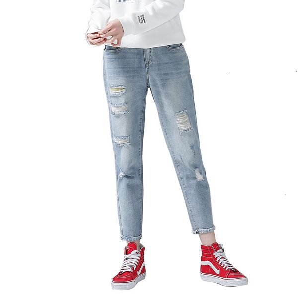 

дамы джинсы женские дизайнерские брюки джинсы женщин повседневные hole джинсы джинсовые брюки 2019 голеностопного длина середины талии моды, Blue